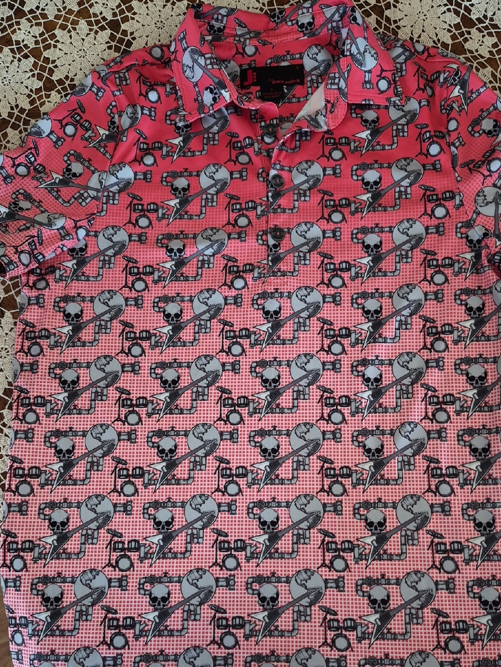 Jamie Sadock Coral Pink Skull & Drum Print Polo small New